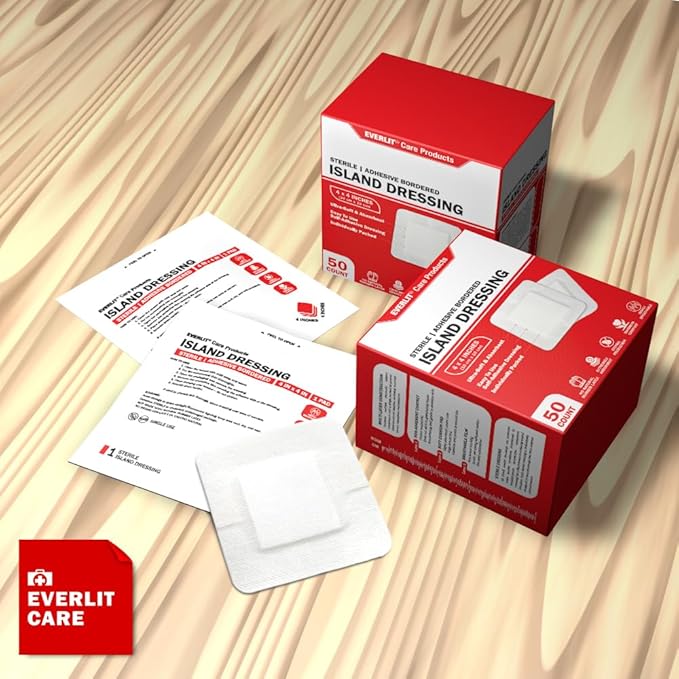 EVERLIT Island Dressing Bordered Gauze | Large Wound Care Bandage with Adhesive Border| Sterile, Soft & Highly Absorbent Medical Grade Dressing Pad (4x4 Inch (Pack of 50))