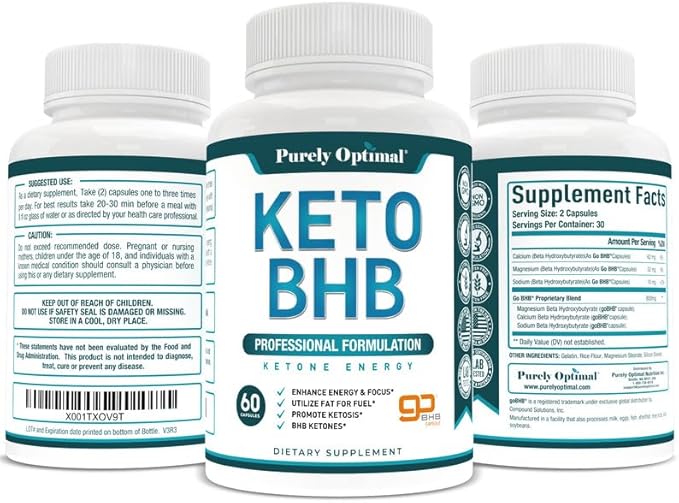 Purely Optimal Keto BHB Capsules – Exogenous Ketone Pills for Ketosis Support, Sustained Energy, Focus & Metabolism – for Women & Men, 120 Capsules