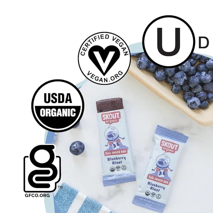 SKOUT Organic Blueberry Blast Real Kids Snack Bars (18 Pack) | Organic Kids Snack Bars | Plant-Based Nutrition, No Added Sugar | Vegan | Gluten, Dairy, Grain, Peanut, Tree Nut & Soy Free