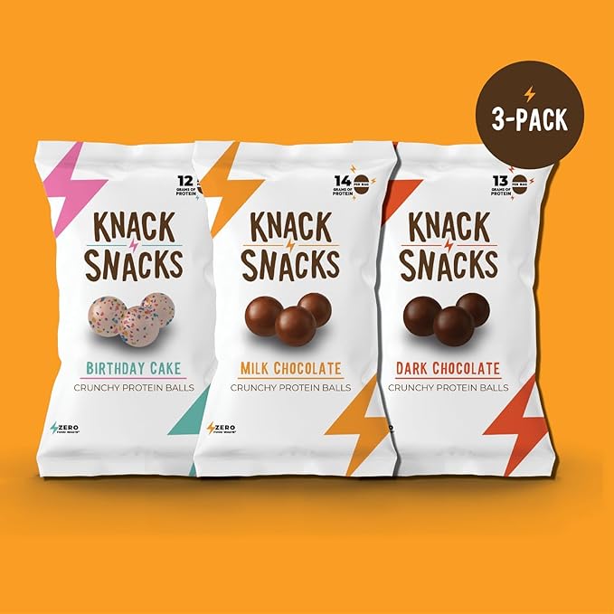 Knack Snacks | Snack Pack | Crunchy Protein Balls - Variety Pack (3x 1.2oz Bags) | Lunchbox Ready, High Protein, Naturally Gluten Free, Lower Sugar, Snack for School, Work, Travel, Parties, Gaming
