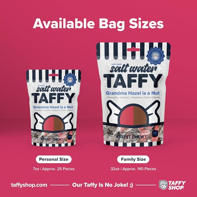 Taffy Shop Grandma Hazel is a Nut, Chocolate Hazelnut Raspberry Cream Cheese Salt Water Taffy Gourmet Soft Chewy Candy, Bulk Sweet Snack & Gluten-Free, 140 Individually Wrapped Pieces (32oz)