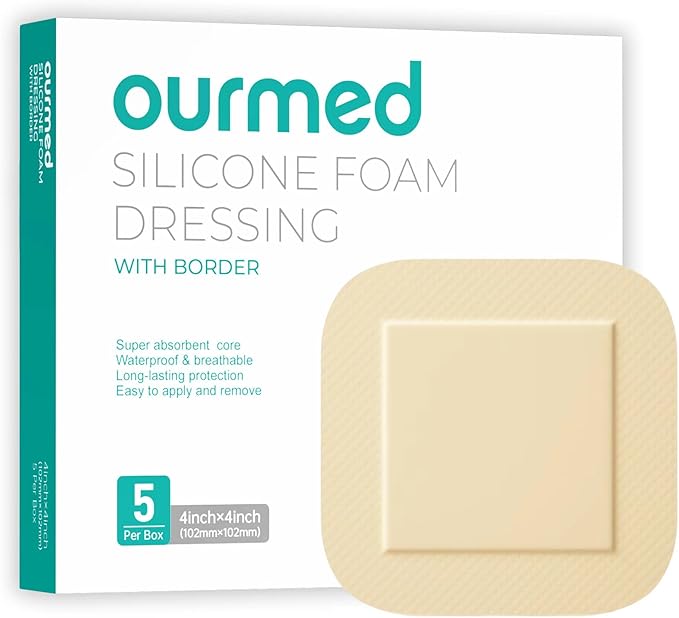Silicone Foam Dressing with Border Adhesive - Large Absorbent Waterproof Bandage for Wound Care, Foot Diabetic Ulcer, Leg Ulcer, 4" x 4", 5 Pack