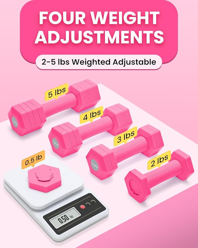 Adjustable Dumbbells Set, 4 in 1 Hand Weights Set for Women Men 10 LB/ 12 LB Dumbbell Pair Each 2lbs 3lbs 4lbs 5lbs Weights Dumbbells Set with TPU Soft Rubber Handle for Home Gym Exercise Fitness