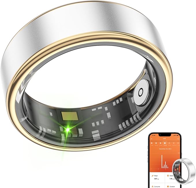 Smart Ring Health Fitness Tracker, Size First with Sizing Kit, Activity & Sleep Tracker/Stress/Heart Rate Monitor, Waterproof Smart Ring for Men/Women, No App Subscription (Platinum, 7)