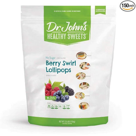 Dr. John’s Sugar Free Candy, Healthy Lollipops with Zero Sugar, Low Calorie Snacks, Keto Friendly Hard Candy Sweets, Berry Swirl Oval, 150 Count, 2.5 LB
