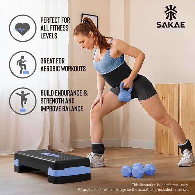 Adjustable Height Aerobic Stepper Set, Multiple Bundle Options with Dumbbells, Kettlebell, Waist Trimmer, Ankle Weights or Weighted Vest, Workout Exercise Step Platform w/Level Risers, 4 Colors