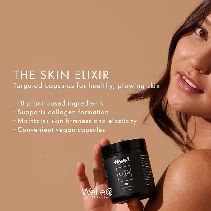 WelleCo The Skin Elixir Greens Powder Capsules with Zinc, Turmeric, Essential Skin Food, Supports Collagen Formation, Gluten Free & Vegan Glowing Skin Supplement, Firmness & Elasticity, 60 Capsules