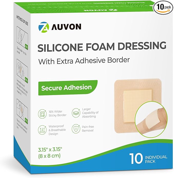 AUVON Silicone Foam Dressing with Large Adhesive Border, 3" x 3" 10 Packs Wound Dressing Bandage with High Absorbency, Waterproof Silicone Foam Pads for Wound Care & Protection Plus Cushioning
