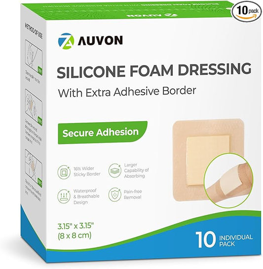 AUVON Silicone Foam Dressing with Large Adhesive Border, 3" x 3" 10 Packs Wound Dressing Bandage with High Absorbency, Waterproof Silicone Foam Pads for Wound Care & Protection Plus Cushioning