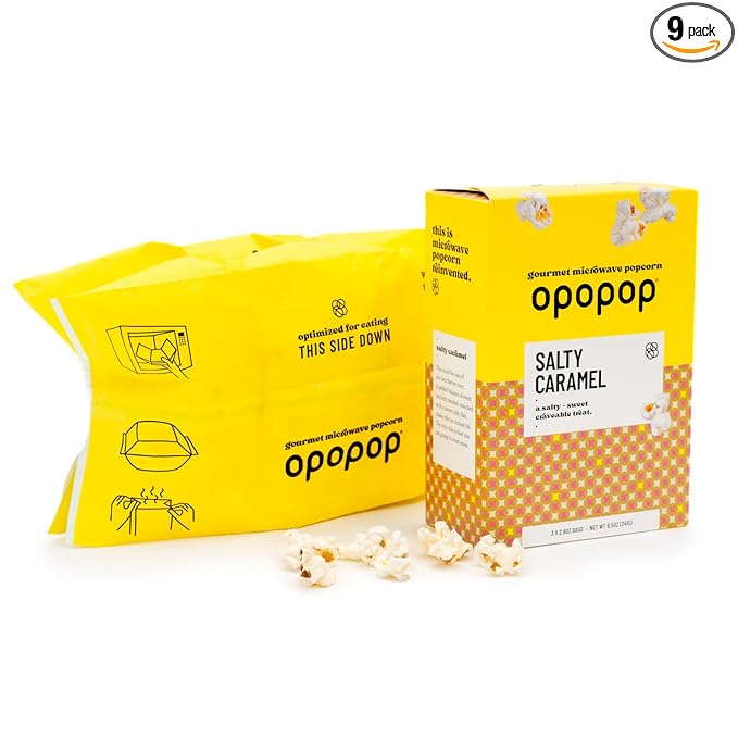 Opopop Microwave Popcorn - Salty Caramel 2.8 oz., 9-Count - Sweet and Salty, Flavored Popcorn, Non-GMO