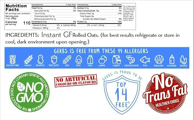 Gerbs Gluten-Free Instant Oats 4 lbs. | Carefully Sourced, Resealable Bag | Smooth & Creamy Texture | Top 14 Allergen-Free