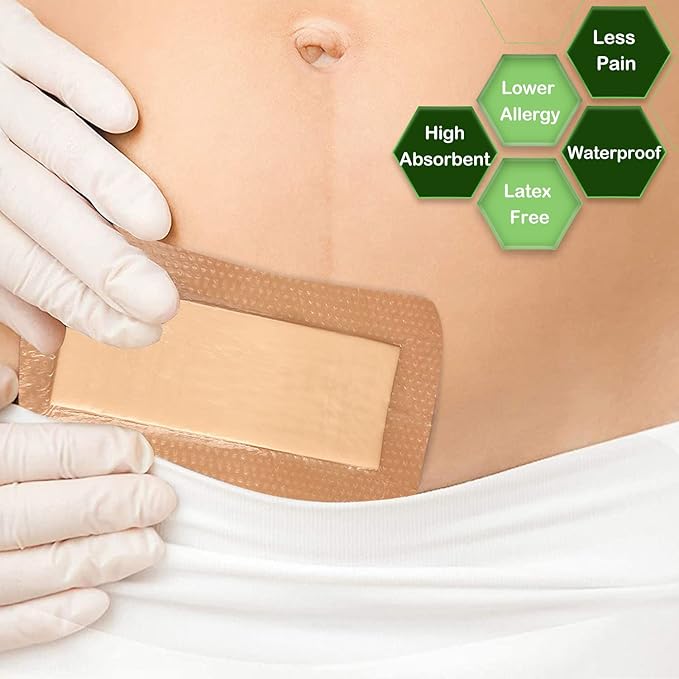 Silicone Foam Dressing with Gentle Border for Post-op Surgical Wounds 4''x8'', Absorbent Pad 2''x6'', Pack of 5, Silicone Wound Bandages for Cuts, Abrasions, Bed Sore, Pressure Ulcer