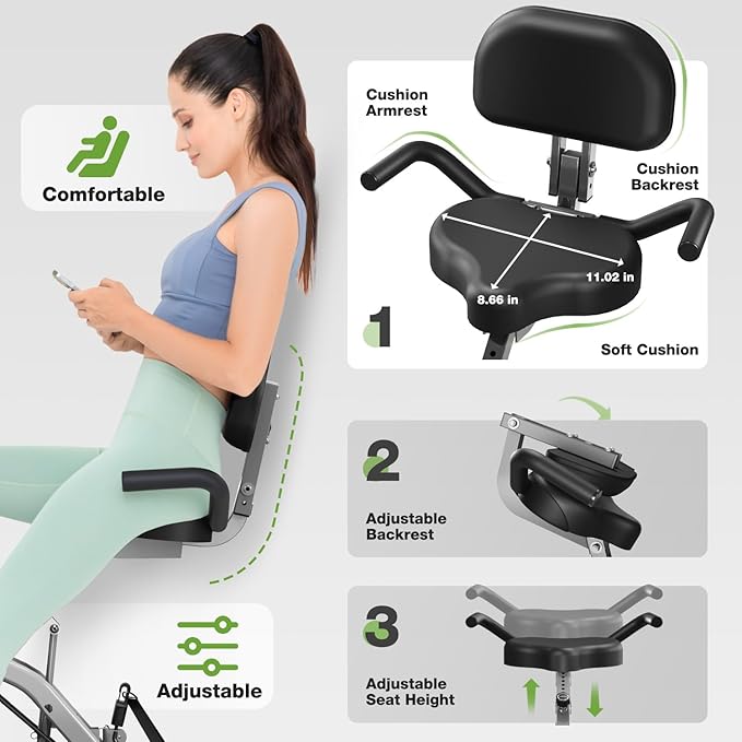 Exercise Bike, 5 in 1 Foldable Stationary Bike for Seniors, 16-Level Adjustable Magentic Resistance, Indoor Recumbent Bike with 330LB Capacity, Comfortable Seat Backrest