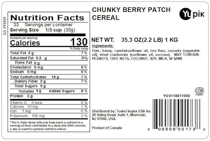 Yupik Granola Cereal, Chunky Berry Patch, 2.2 lb, a granola mix of oats, currants, cranberries, and honey (Pack of 2)