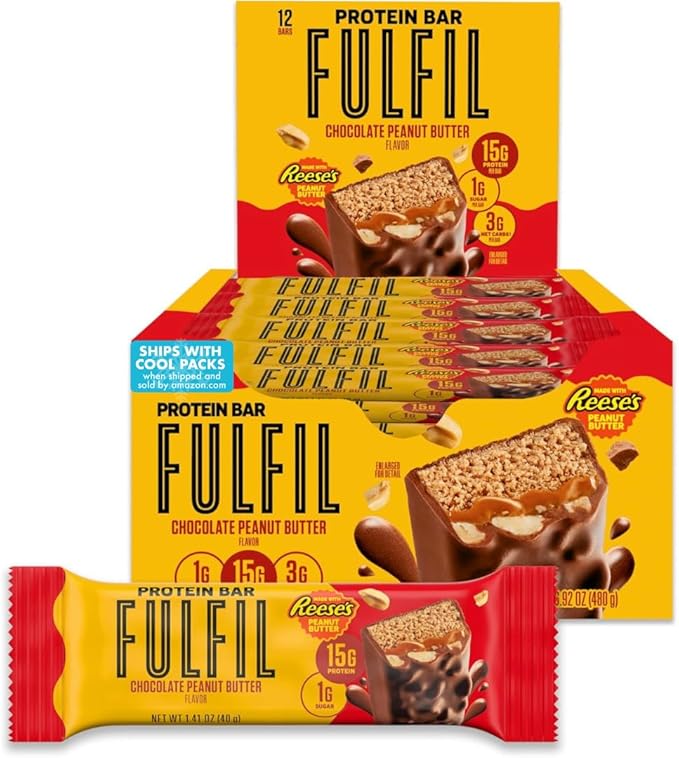 FULFIL Chocolate Peanut Butter Flavored Protein Bar Made with REESE's Peanut Butter, Gluten Free with 15g Protein, Pantry Staples, 12 Count