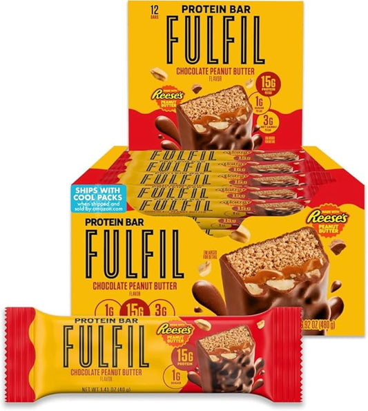 FULFIL Chocolate Peanut Butter Flavored Protein Bar Made with REESE's Peanut Butter, Gluten Free with 15g Protein, Pantry Staples, 12 Count
