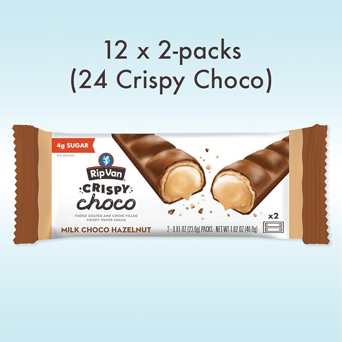 Rip Van Crispy Choco - Chocolate Coated Hazelnut Wafer Bars - Low Sugar Fudge and Hazelnut Cream Filled Snack - 12 Pack