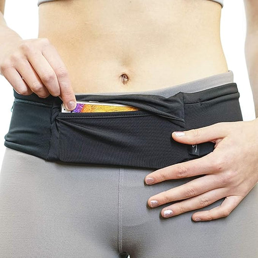3 Pocket Adjustable Running Belt Waist Pack, Fanny Pack For Working Out With Sweat Resistant Backing, Holds All iPhone Models (Black/Black, X-Small)