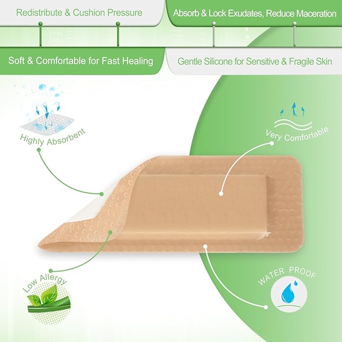 NeuHeils Silicone Foam Dressing Border Lite 2''x5'', 20 Packs, Pad Size 1.1''x3.3'' Soft Gentle Would Bandage Patch for Small Bed Sore Pressure Ulcer