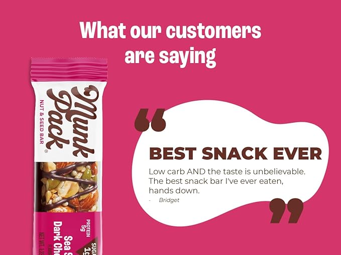 Munk Pack Nut & Seed Snack Bars - 5g Protein, 1g Sugar, 3g Net Carbs, Low Sugar, Keto, and Gluten Free Snack for Adults and Kids, Sea Salt Dark Chocolate – 4.92 oz, 12 Pack