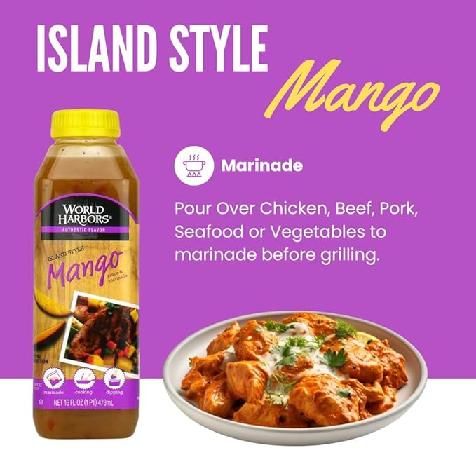World Harbors Island Mango Sauce & Marinade - Low-Calorie, Sweet & Tangy Perfect Sauce for Chicken, Fish, Beef, Wings, Dipping, Stir-Frying, Salad Dressing. Made in USA 16-Fl Oz Bottle (Pack of 6)