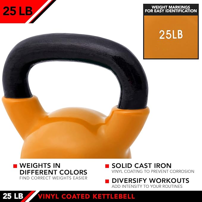 JFIT Kettlebell Weights Vinyl Coated Iron - 12 Size Options, 5lbs-50lbs - Coated for Floor and Equipment Protection, Noise Reduction, Ballistic, Core, Weight Training