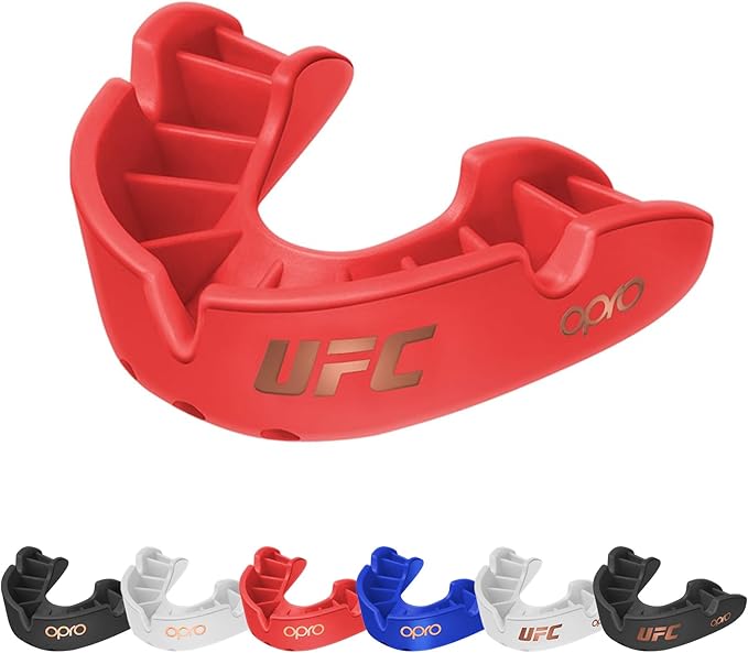 OPRO Bronze Level Sports Mouthguard – Custom-Fit, Breathable, Slim Design – Protective Mouth Guard for Football, Wrestling, Boxing, MMA, Lacrosse & All Contact Sports, Case Included – UFC Red, Adult