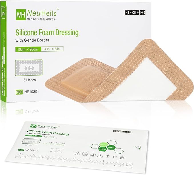 Silicone Foam Dressing with Gentle Border for Post-op Surgical Wounds 4''x8'', Absorbent Pad 2''x6'', Pack of 5, Silicone Wound Bandages for Cuts, Abrasions, Bed Sore, Pressure Ulcer
