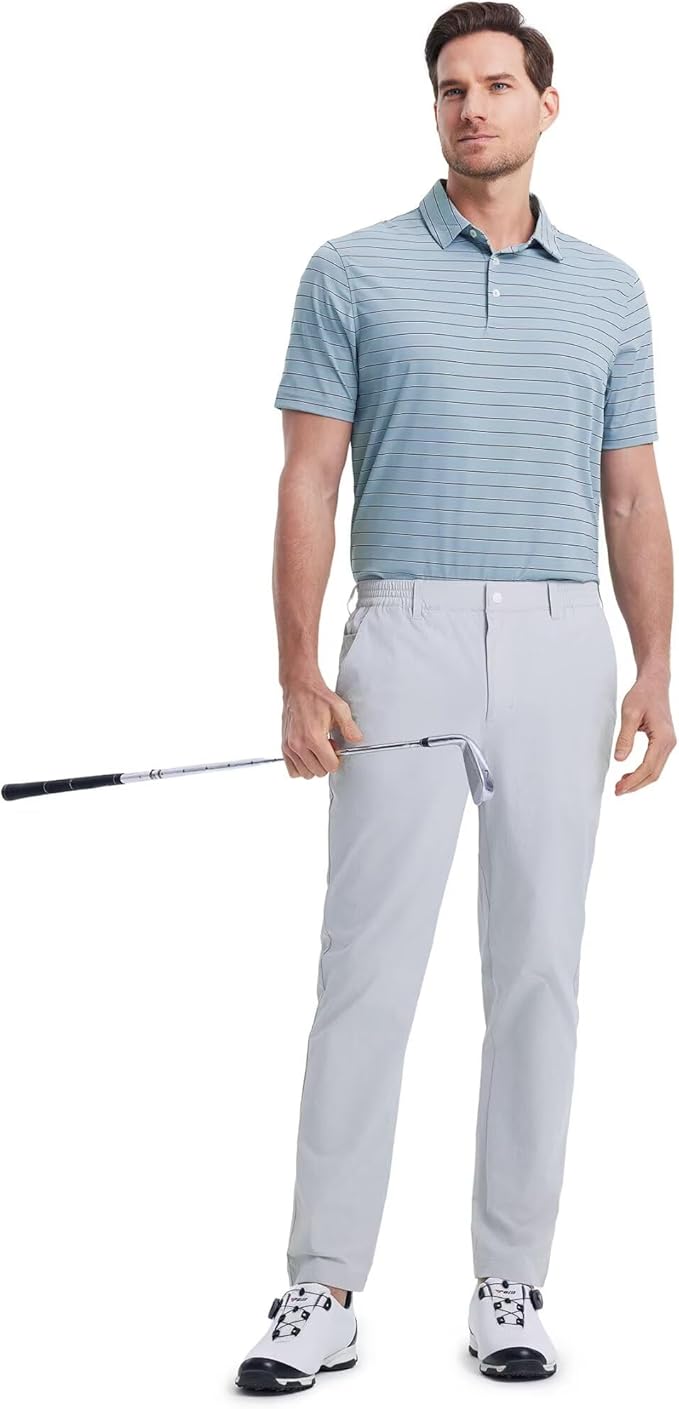 M MAELREG Mens Striped Golf Shirts Short Sleeve Silk-Like Touch Water-Resistant Breathable Soft Collared Polo Shirts for Men