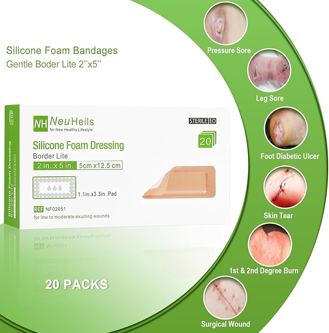 NeuHeils Silicone Foam Dressing Border Lite 2''x5'', 20 Packs, Pad Size 1.1''x3.3'' Soft Gentle Would Bandage Patch for Small Bed Sore Pressure Ulcer