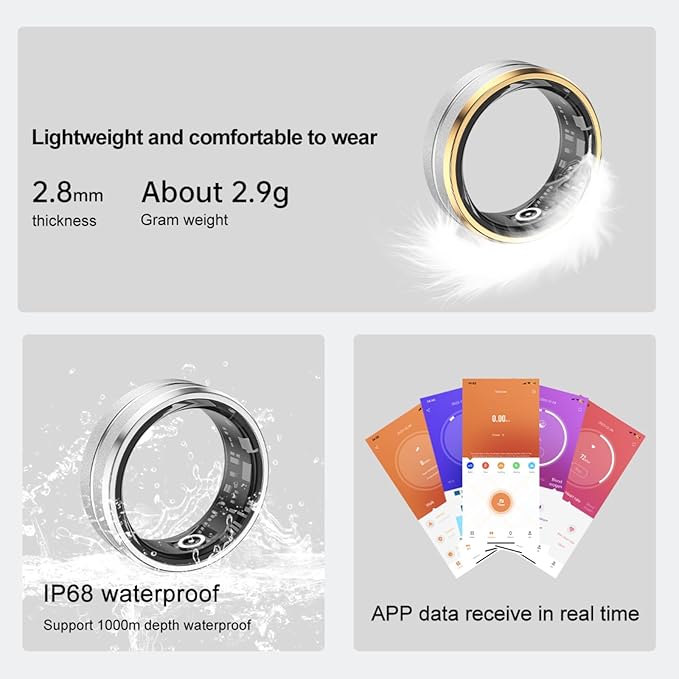 Smart Ring Health Tracker - Fitness Sleep Heart Rate Blood Oxygen Tracker Smart Ring for Men and Women,IP68 Waterproof Level Bluetooth Fitness Tracker Rings - Free APP