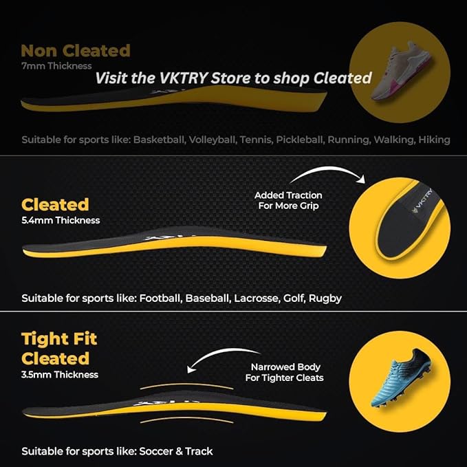 VKTRY Gold for Cleated Shoes - Carbon Fiber Performance Insoles - Customized Inserts for Soccer & Track | Run Fast, Jump High, Land Soft, Support Recovery, US: Men 8-8.5, Women 10-10.5, 171-220 lbs