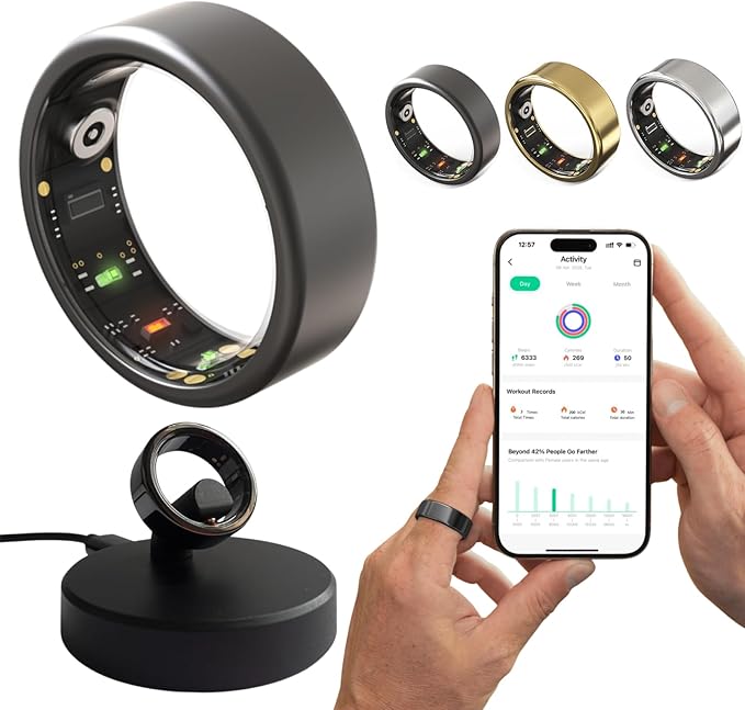 2025 Smart Ring for Women Men, Sleep Tracker Ring, Fitness Smart Ring, Activity Tracker,Sleep Monitor, Stress/Heart Rate/Women's Calories Steps Tracking-No APP Subscription (Black, #8-57.0mm/2.24")