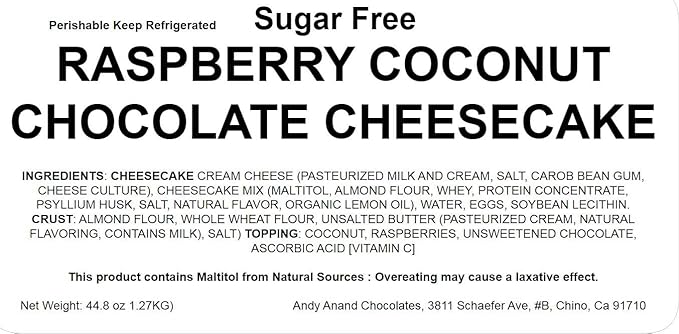 Andy Anand Sugar Free Raspberry Coconut Chocolate Cheesecake 9" - Luxurious Triple Chocolate Truffle, Zero Added Sugar, Handcrafted with Real California Cream Cheese (2.8 lbs)