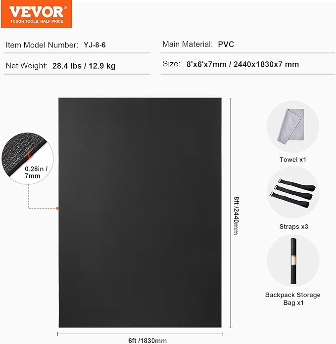 VEVOR Large Exercise Mat, Non Slip High Density Premium Yoga Mat, Exercise Yoga Mat for Men Women, Fitness & Exercise Mat with Bag & Carry Strap, for All Types of Home Yoga, Pilate & Floor Workout