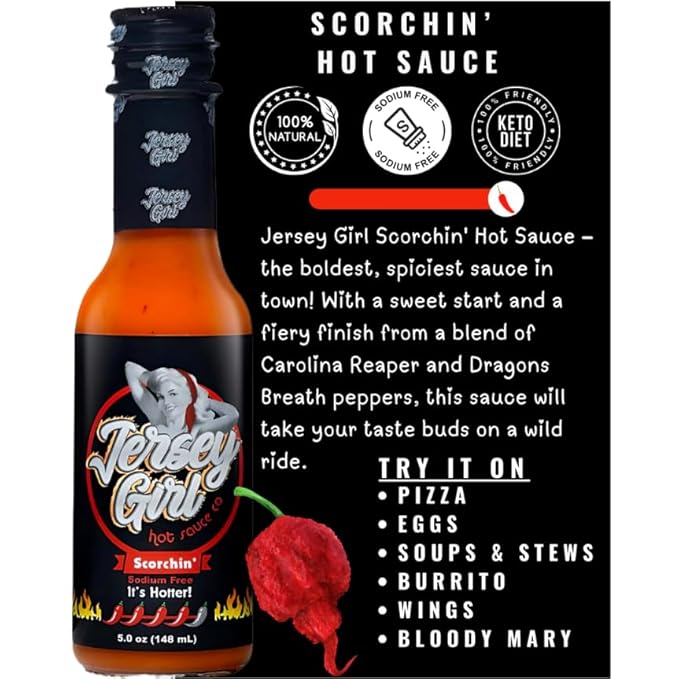 Jersey Girl Scorchin' Hot Sauce (Made with Carolina Reaper & Dragon's Breath Peppers / 2 of the Hottest Peppers in the world) All Natural, A Sodium/Salt Free Condiment - 5oz Bottle
