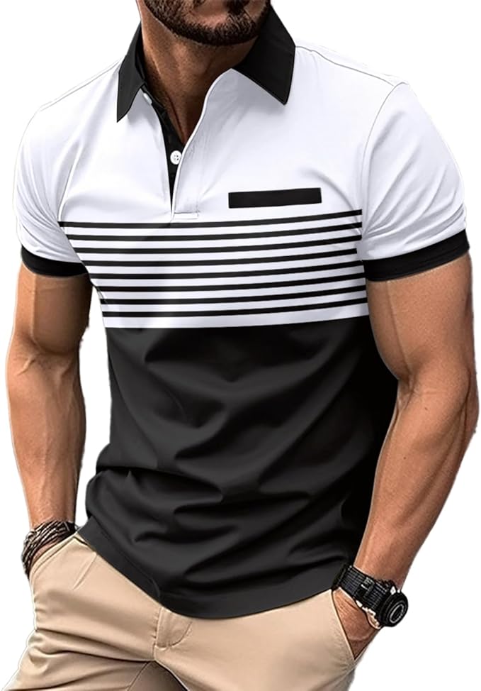 Men's Casual Polo Shirts Short Sleeve Fashion Golf Shirt Classic Striped Slim Fit T-Shirts