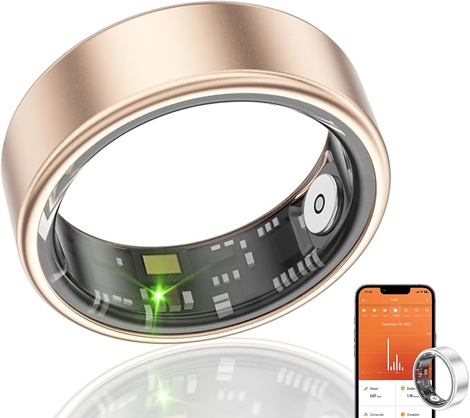 Smart Ring Health Fitness Tracker, Size First with Sizing Kit, Activity & Sleep Tracker/Stress/Heart Rate Monitor, Waterproof Smart Ring for Men/Women, No App Subscription (Golden, 11)