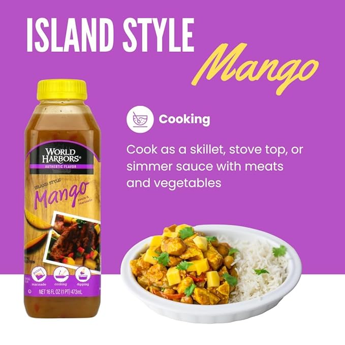World Harbors Island Mango Sauce & Marinade - Low-Calorie, Sweet & Tangy Perfect Sauce for Chicken, Fish, Beef, Wings, Dipping, Stir-Frying, Salad Dressing. Made in USA 16-Fl Oz Bottle (Pack of 6)