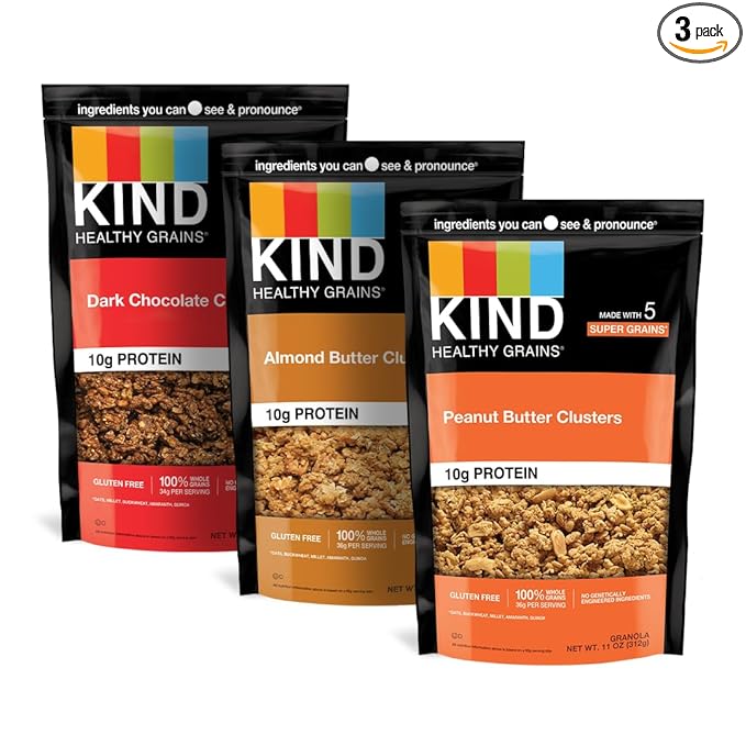 KIND Healthy Grains Clusters, Granola Variety Pack, Healthy Snacks, Good Source of Fiber, Gluten Free, Whole Grains and Oats, 10g Protein, 3 Count