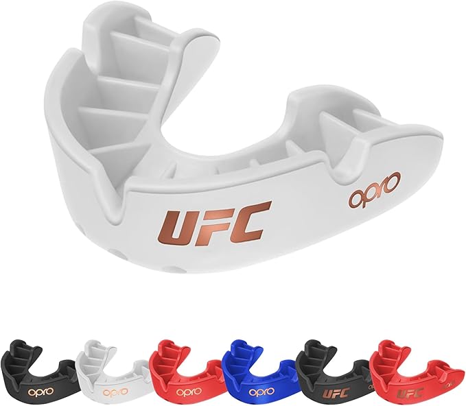 OPRO Bronze Level Sports Mouthguard – Custom-Fit, Breathable, Slim Design – Protective Mouth Guard for Football, Wrestling, Boxing, MMA, Lacrosse & All Contact Sports, Case Included – UFC White, Adult
