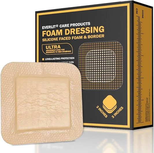 EVERLIT Care Silicone Foam Dressing with Adhesive Border | Highly Absorbent Hypoallergenic Bandages for Chronic Wounds, Bed Sores, Pressure Ulcers | Gentle & Secure Adhesion (3" x 3" | 10 Pack)