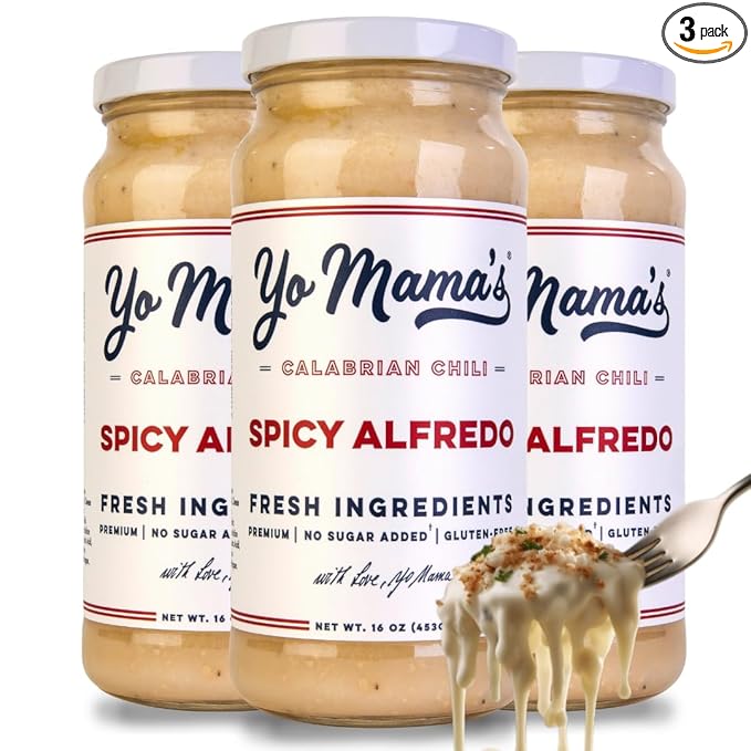 Yo Mama’s Foods Gourmet Keto Spicy Alfredo Pasta Sauce | (3) 16 Ounce Glass Bottles | Our Spicy Sauce is Low Carb, Paleo, Gluten Free, Low Calorie and is Made with only the Freshest Ingredients!