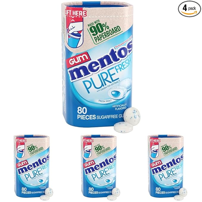 Mentos Pure Fresh Sugar-Free Chewing Gum with Xylitol, Fresh Mint, in a recyclable 90% Paperboard Bottle, 80 Piece (Pack of 4)