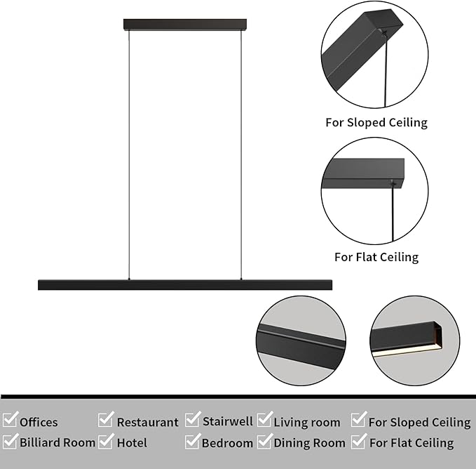 Modern Ceiling Pendant Light,47in LED Black Linear Ceiling Chandelier Light Dining Room,Living Room,Warm & Cool, Neutral Light,Aluminum Island Lighting Hanging Pendant Light for Kitchen