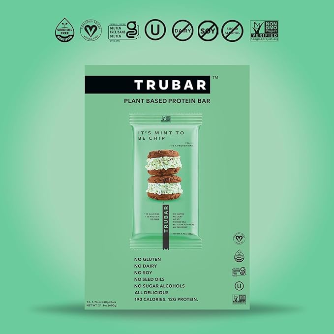 TRUBAR Vegan Protein Bar, It’s Mint to Be Chip, Gluten Free, Plant Based High Fiber, Dairy Free, Non GMO, Low Fat, No Sugar Alcohols, 12G Lean Protein, 13G Fiber, Healthy Snack Bars, 12 CT