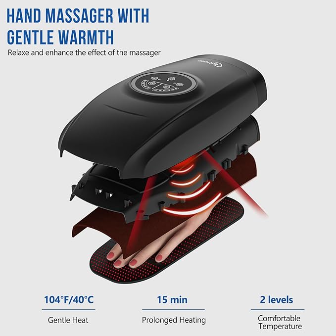 cotsoco Hand Massager with Heat and Compression, 6 Levels Hand Therapy for Arthritis and Carpal Tunnel Relief, Finger and Wrist Cordless Massager Machine for Pain Relief, Gifts for Women Men, Black