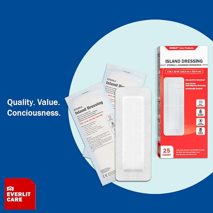 EVERLIT Island Dressing Bordered Gauze | Large Wound Care Bandage with Adhesive Border| Sterile, Soft & Highly Absorbent Medical Grade Dressing Pad (4x10 Inch (Pack of 25))