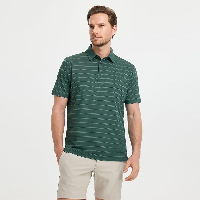 M MAELREG Golf Shirts for Men Moisture Wicking Striped Polo Performance Dry Fit Business Sports Mens Polo Shirts Short Sleeve