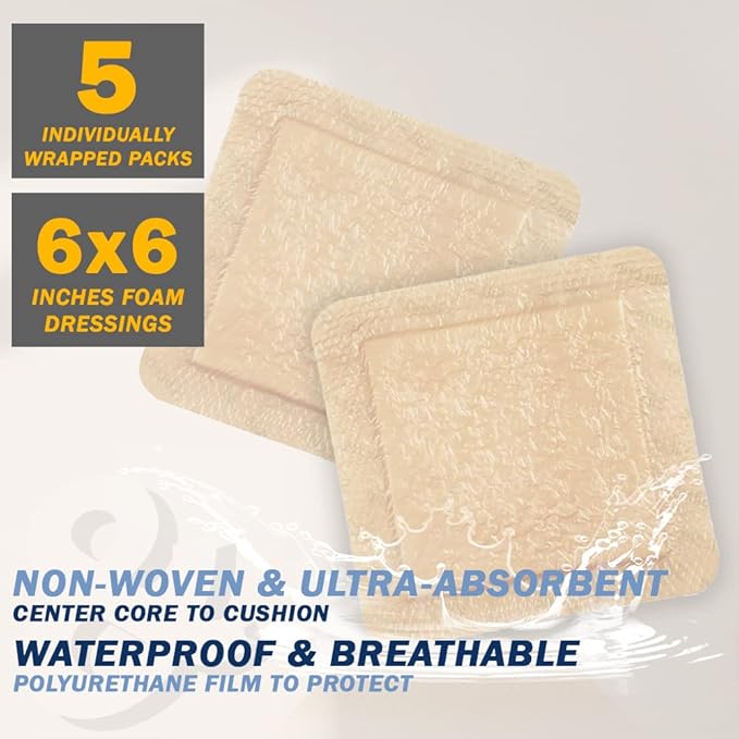 EVERLIT Care Silicone Foam Dressing with Adhesive Border | Highly Absorbent Hypoallergenic Bandages for Chronic Wounds, Bed Sores, Pressure Ulcers | Gentle & Secure Adhesion (6" x 6" | 5 Pack)